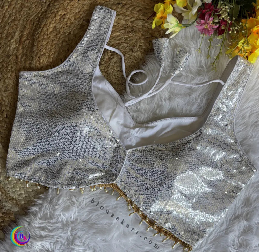 stylish halter neck sleeveless back open latkan sequin blouse for festive (white)