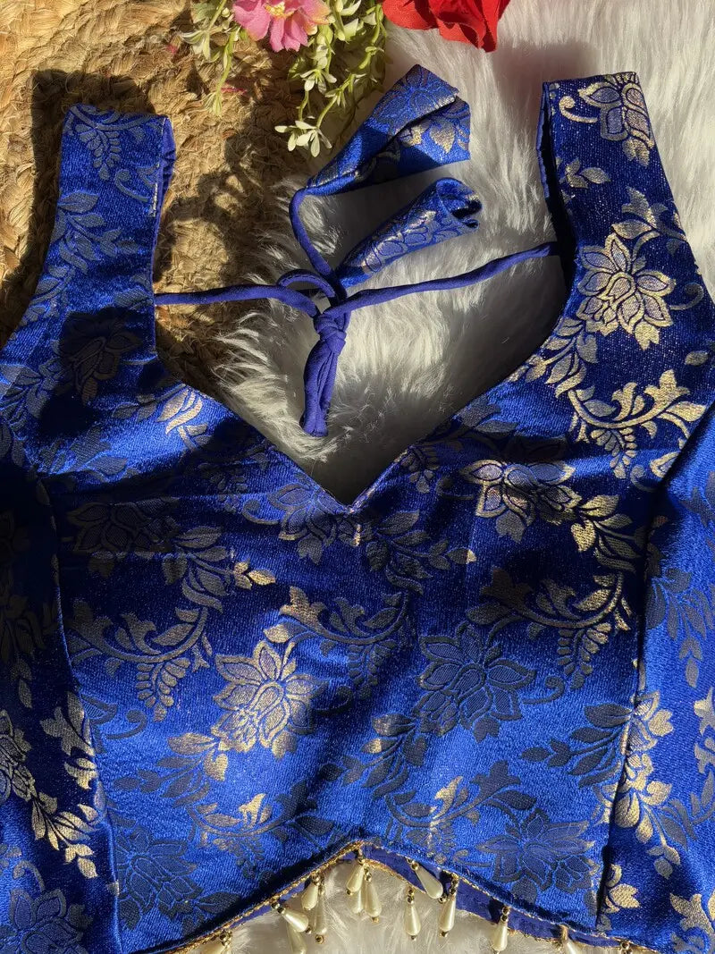 latest chic silk sleeveless sweetheart neck floral printed daily wear blouse (royal blue) | 1673