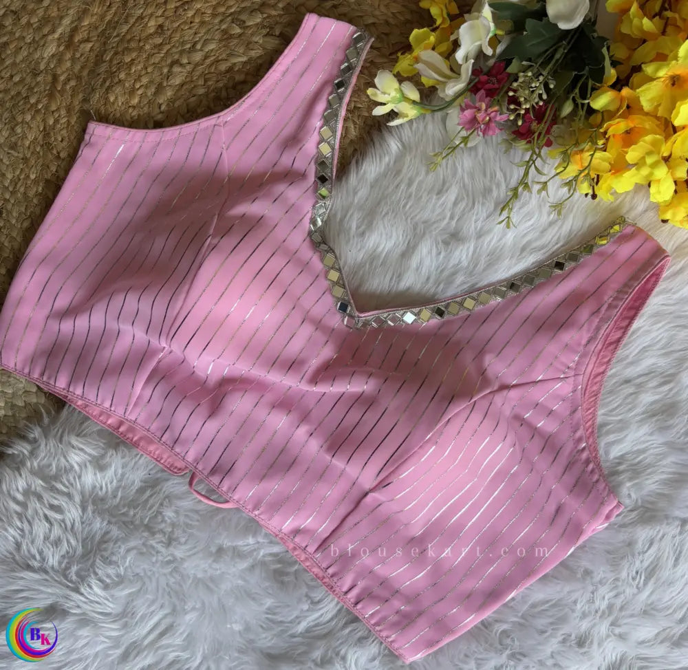 designer party women georgette v neck sleeveless mirror work baby pink blouse | 1676