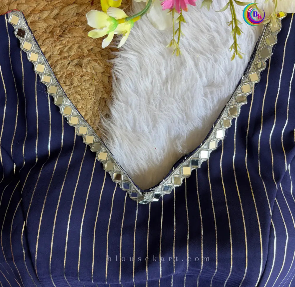 designer party women georgette v neck sleeveless mirror work navy blue blouse | 1676