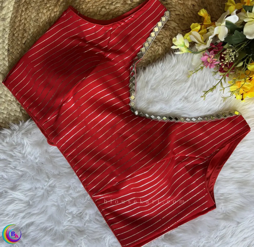 designer party women georgette v neck sleeveless mirror work red blouse | 1676
