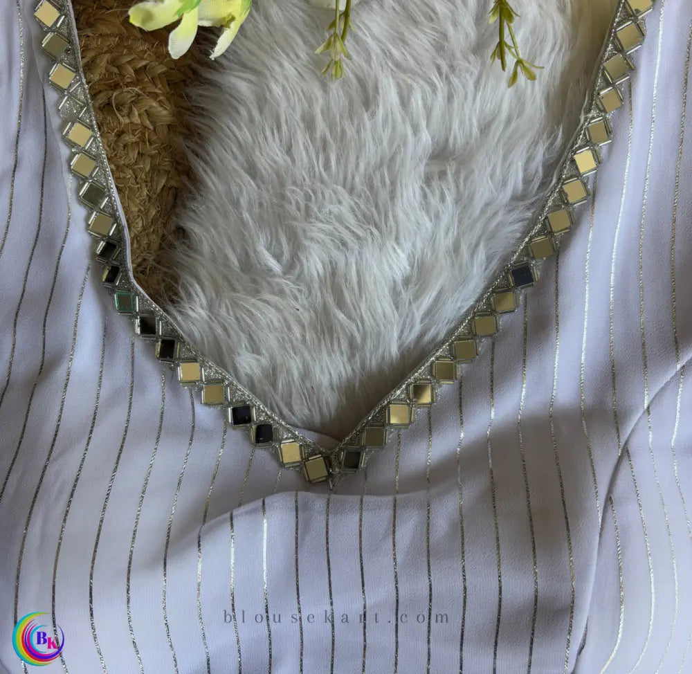 designer party women georgette v neck sleeveless mirror work white blouse | 1676