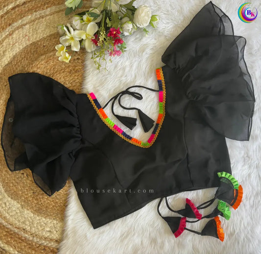 Graceful Festive Georgette Ruffle Puff Sleeve V Neck Lace Black Blouse | 1677