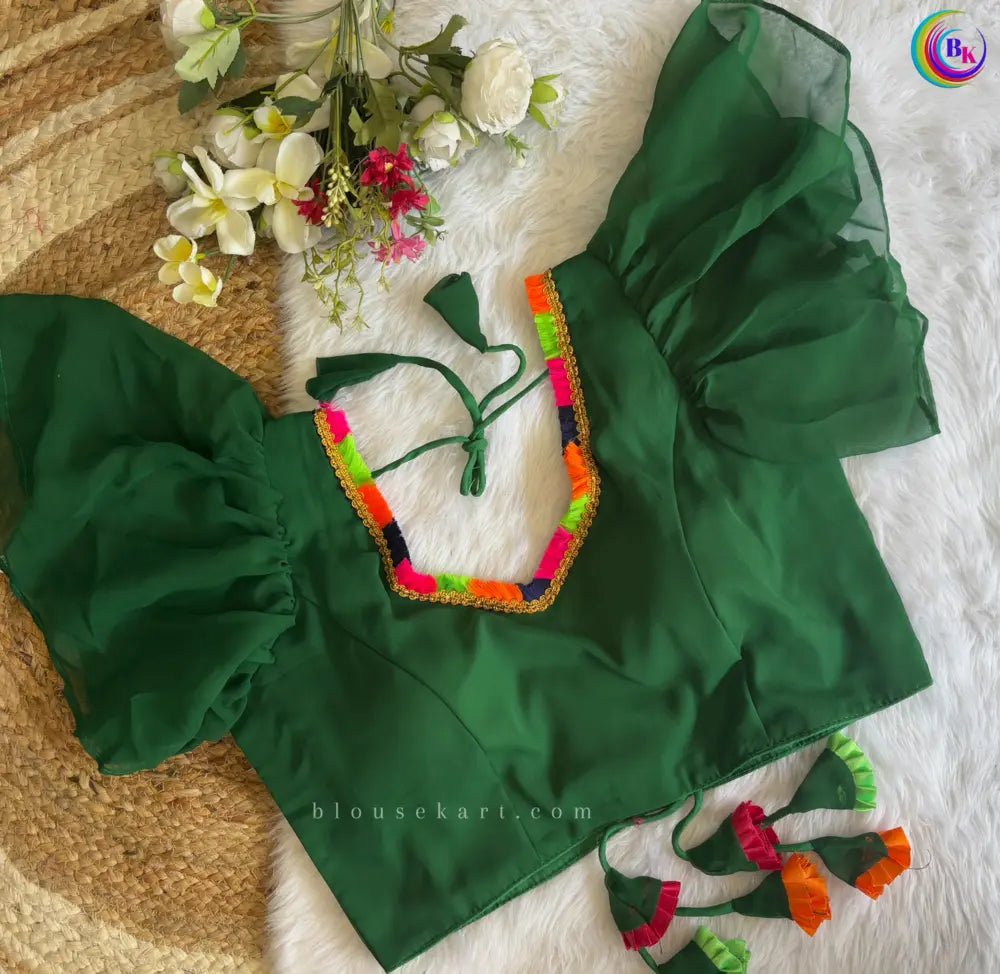 graceful festive georgette ruffle puff sleeve v neck lace green blouse | 1677