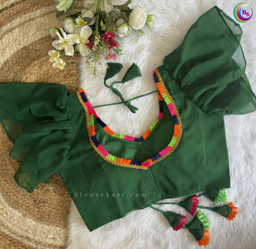 graceful festive georgette ruffle puff sleeve v neck lace green blouse | 1677