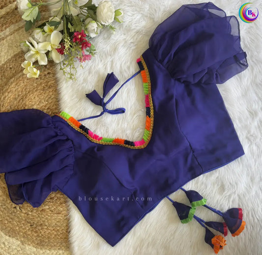 Graceful Festive Georgette Ruffle Puff Sleeve V Neck Lace Navy Blue Blouse | 1677