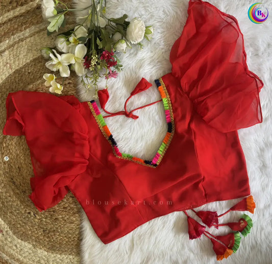 Graceful Festive Georgette Ruffle Puff Sleeve V Neck Lace Red Blouse | 1677