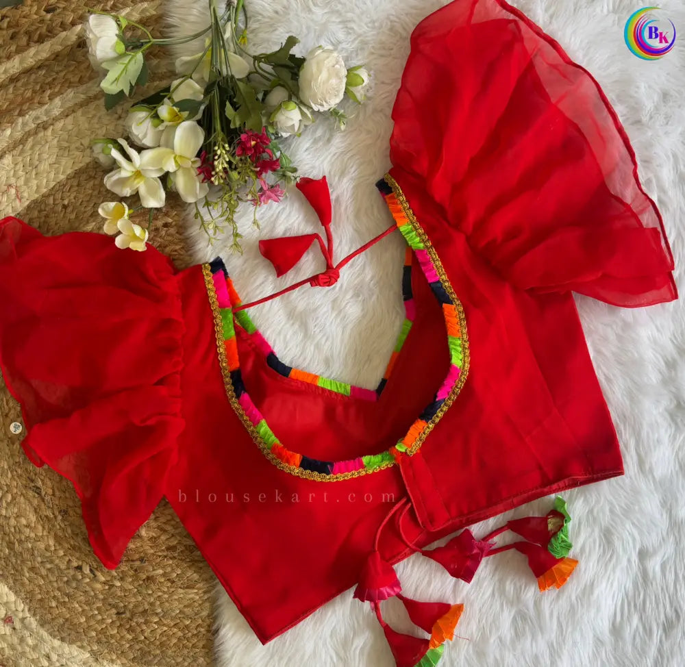 graceful festive georgette ruffle puff sleeve v neck lace red blouse | 1677