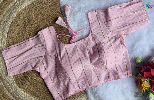 Classy Chanderi Silk Lace Half Sleeve Round Neck Baby Pink Blouse for Causal Wear | 1681