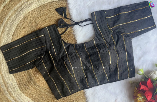 Classy Chanderi Silk Lace Half Sleeve Round Neck Black Blouse for Causal Wear | 1681