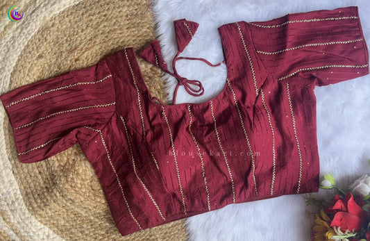 Classy Chanderi Silk Lace Half Sleeve Round Neck Maroon Blouse for Causal Wear | 1681