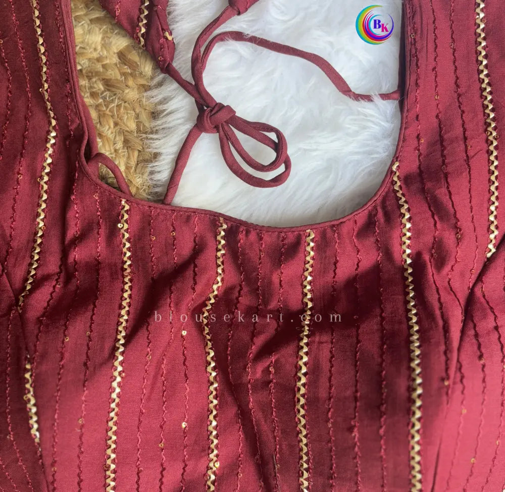 classy chanderi silk lace half sleeve round neck maroon blouse for causal wear | 1681