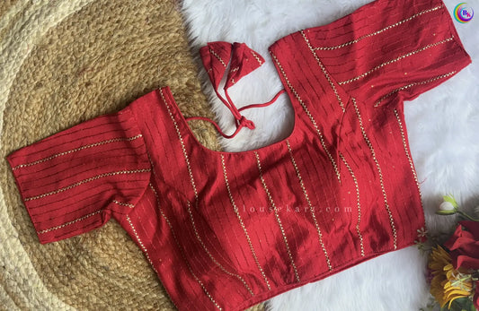 Classy Chanderi Silk Lace Half Sleeve Round Neck Red Blouse for Causal Wear | 1681