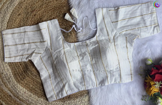 Classy Chanderi Silk Lace Half Sleeve Round Neck White Blouse for Causal Wear | 1681