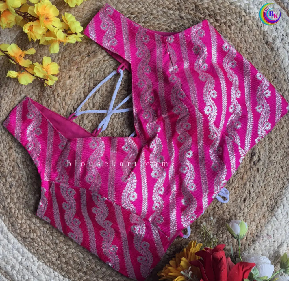 cute brocode backless halter neck zari woven ladies pink blouse for party | 1682