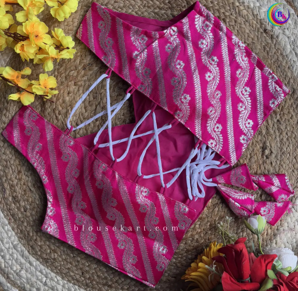 cute brocode backless halter neck zari woven ladies pink blouse for party | 1682