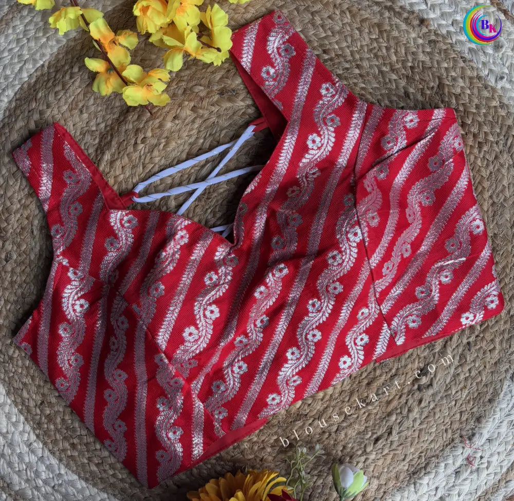 cute brocode backless halter neck zari woven ladies red blouse for party | 1682
