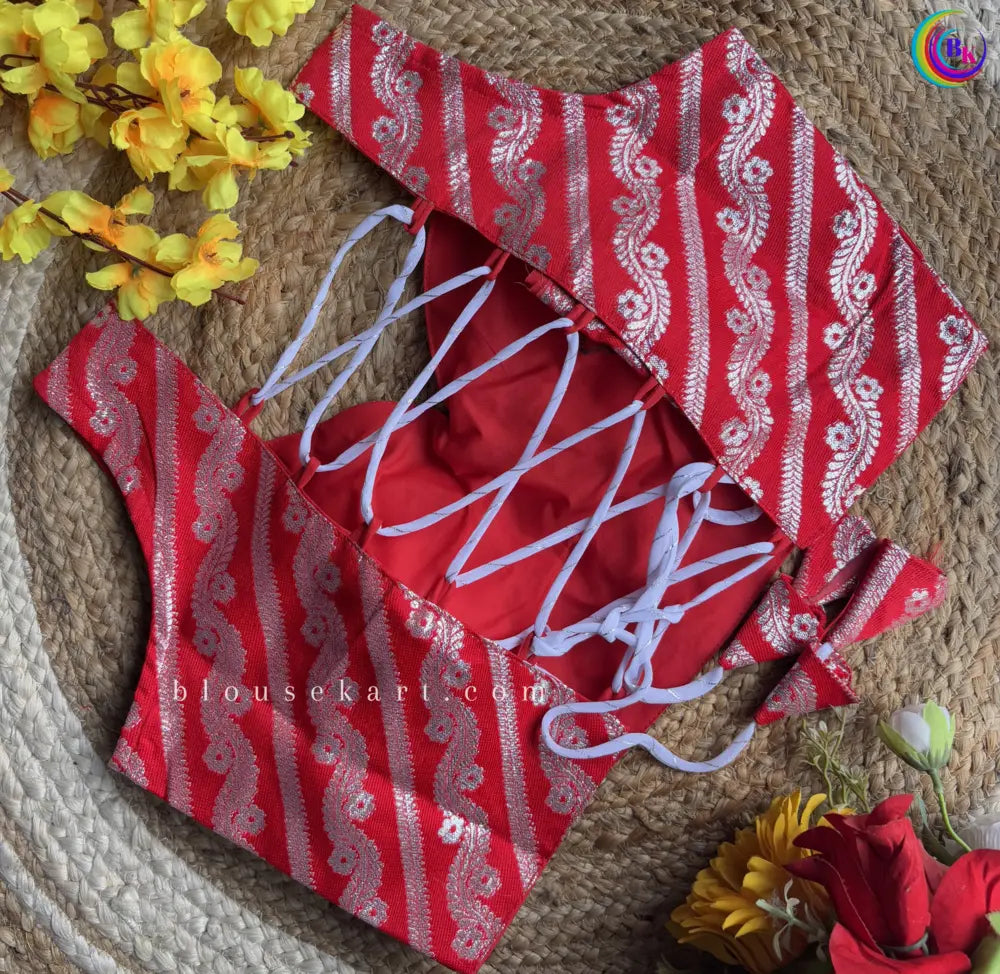 cute brocode backless halter neck zari woven ladies red blouse for party | 1682