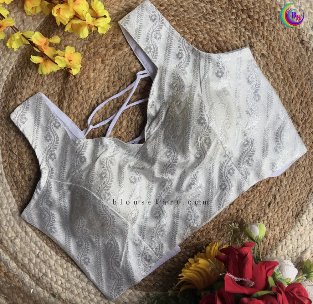 cute brocode backless halter neck zari woven ladies white blouse for party | 1682