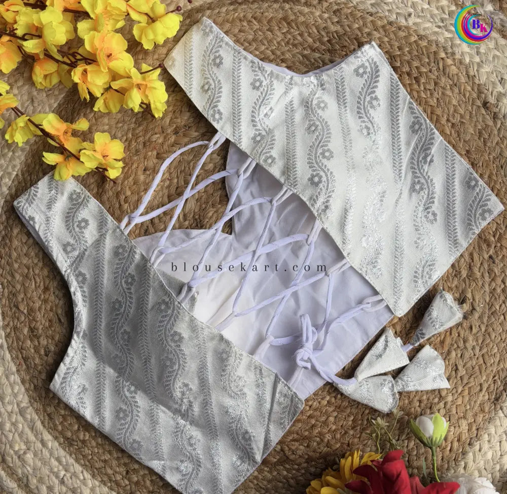 cute brocode backless halter neck zari woven ladies white blouse for party | 1682