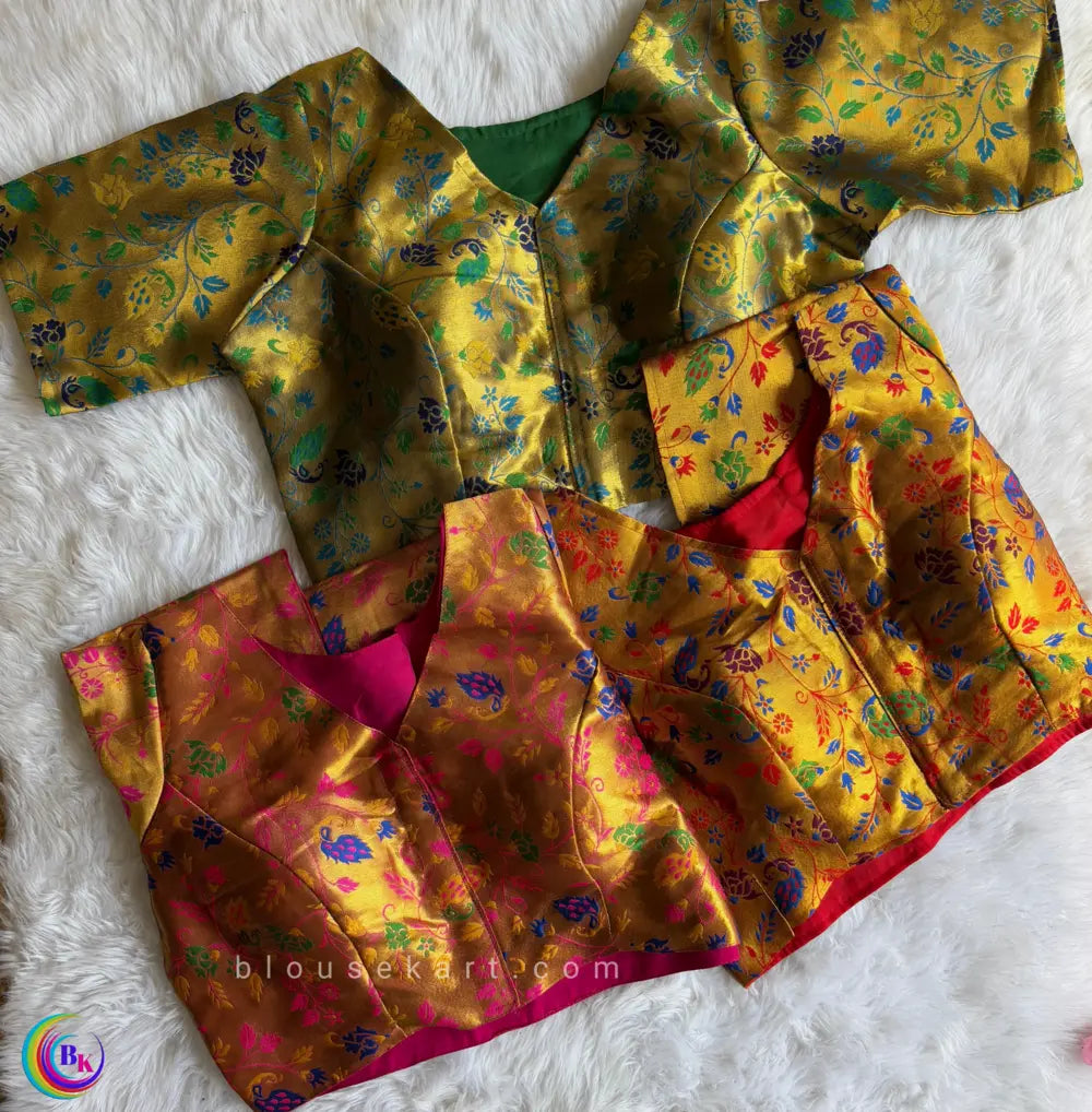 elegant daily wear women half sleeve v neck front open banarasi silk green blouse | 1683