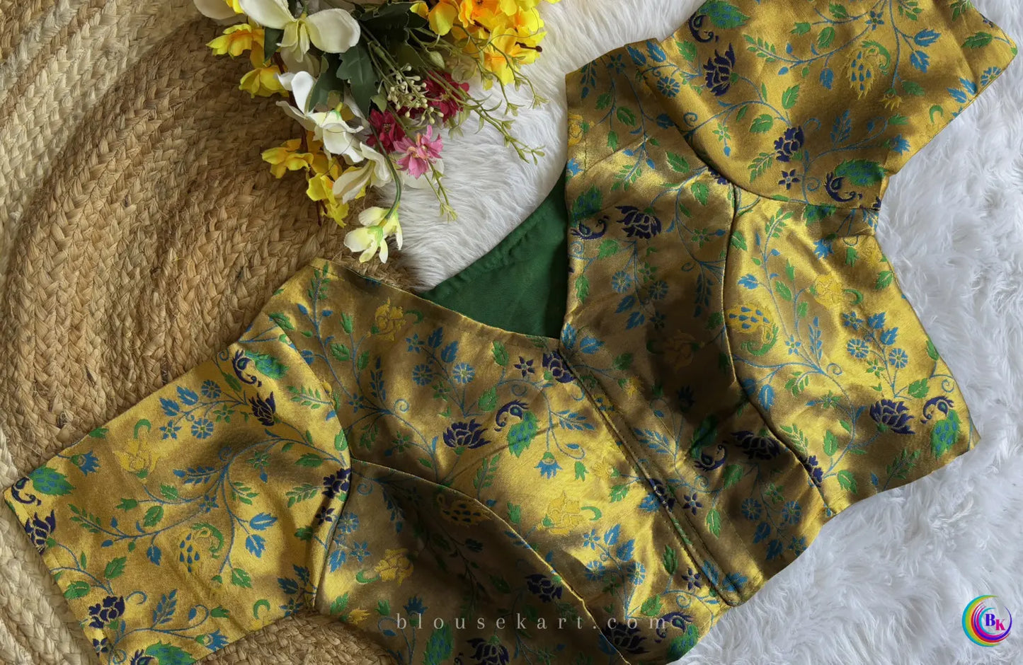 elegant daily wear women half sleeve v neck front open banarasi silk green blouse | 1683