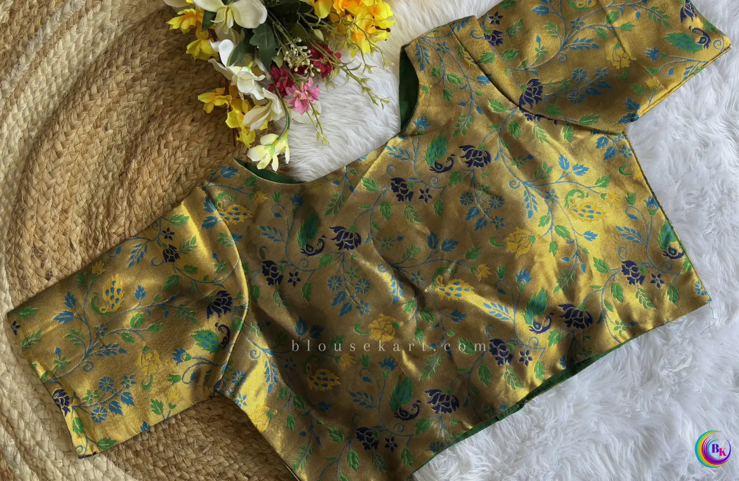 elegant daily wear women half sleeve v neck front open banarasi silk green blouse | 1683