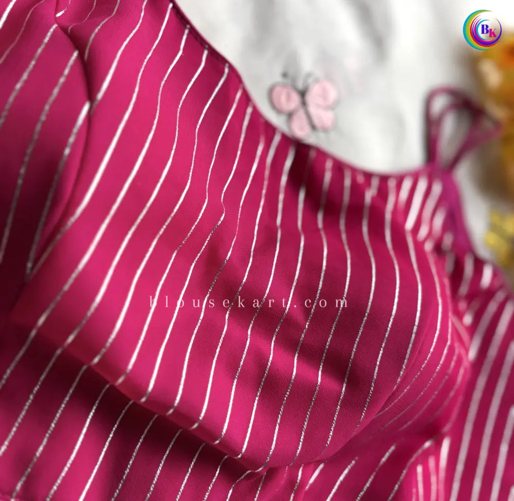 fancy georgette sleeveless back hook silver striped ladies pink blouse for festival | 1684