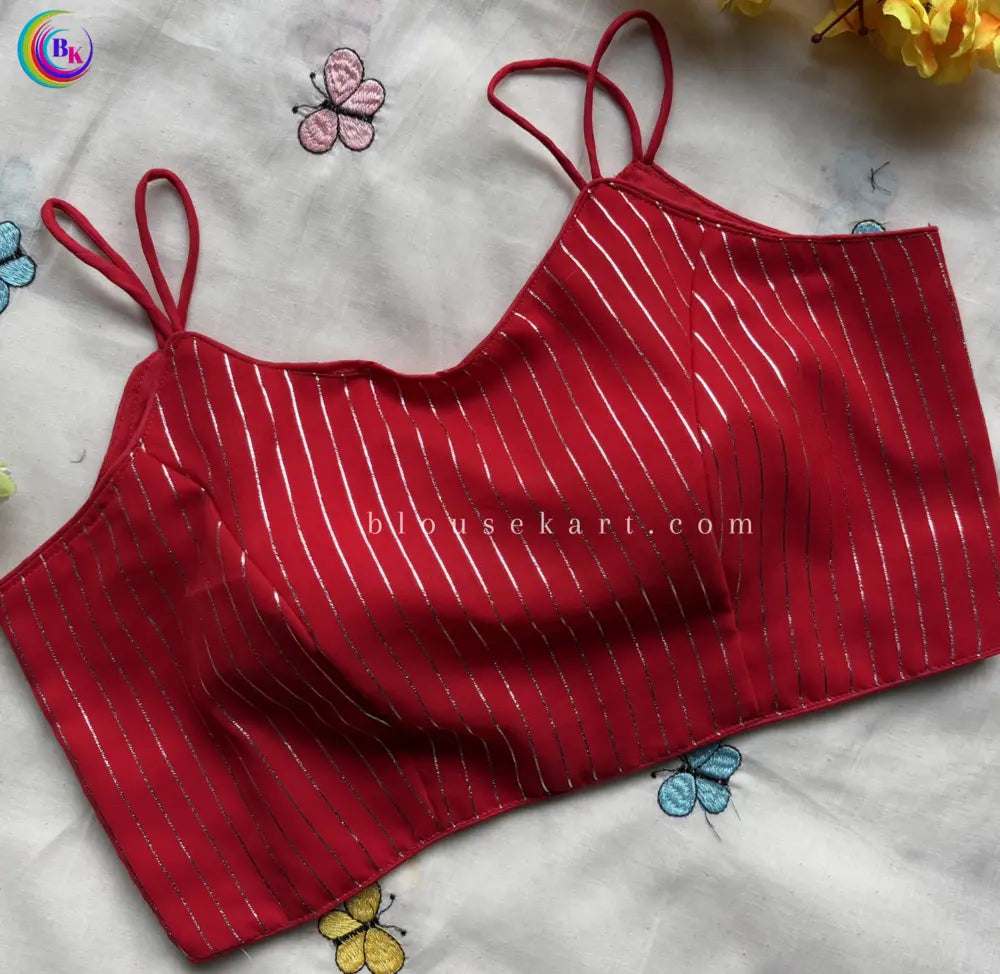 stunning georgette sleeveless back hook silver striped ladies red blouse for party | 1684