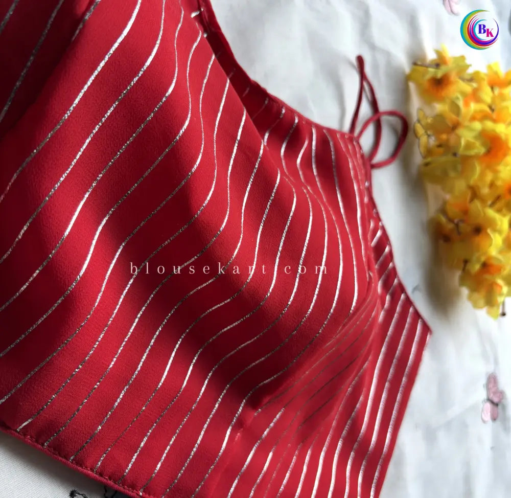 stunning georgette sleeveless back hook silver striped ladies red blouse for party | 1684