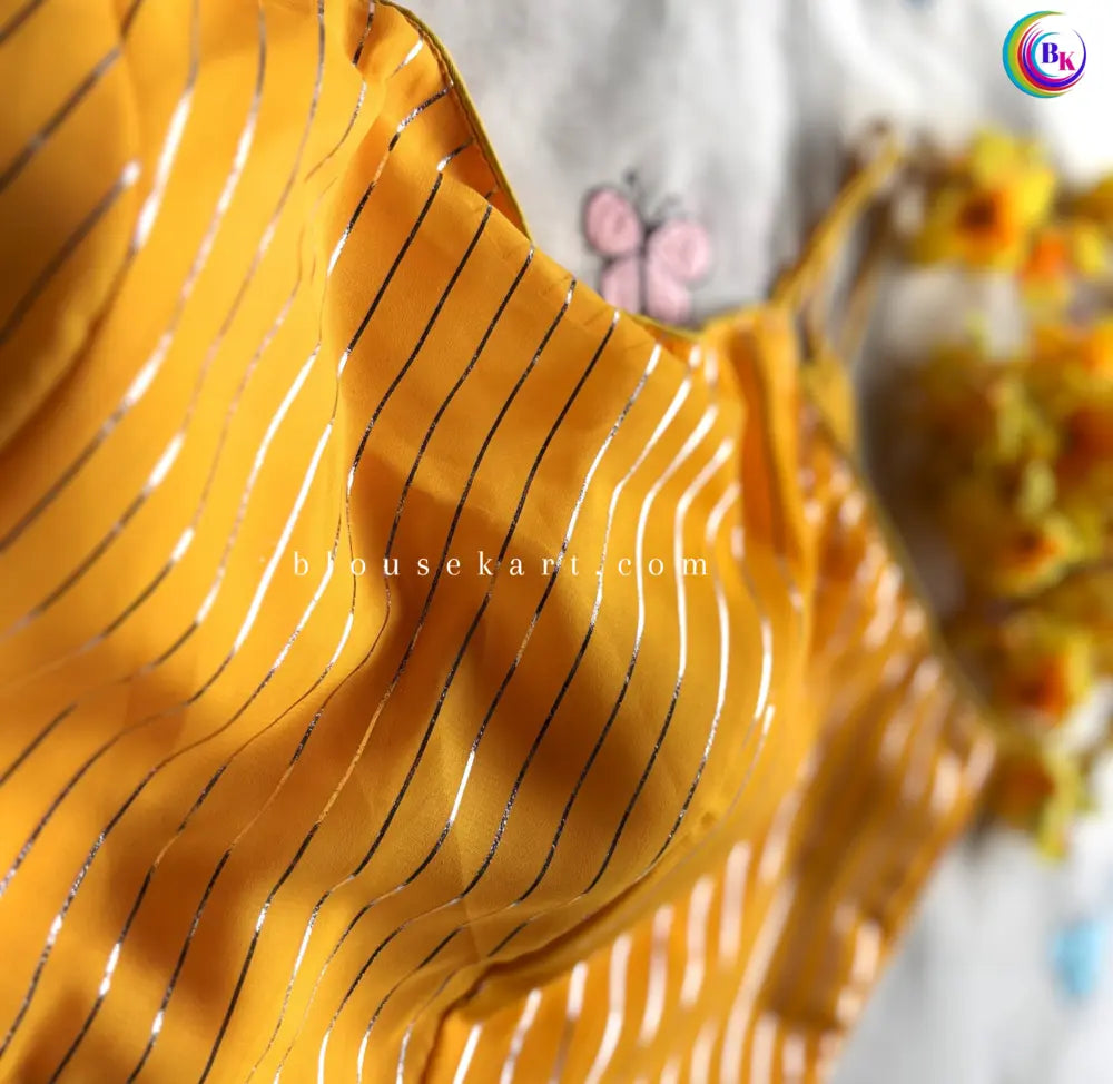 stunning georgette sleeveless back hook silver striped ladies yellow blouse for party | 1684