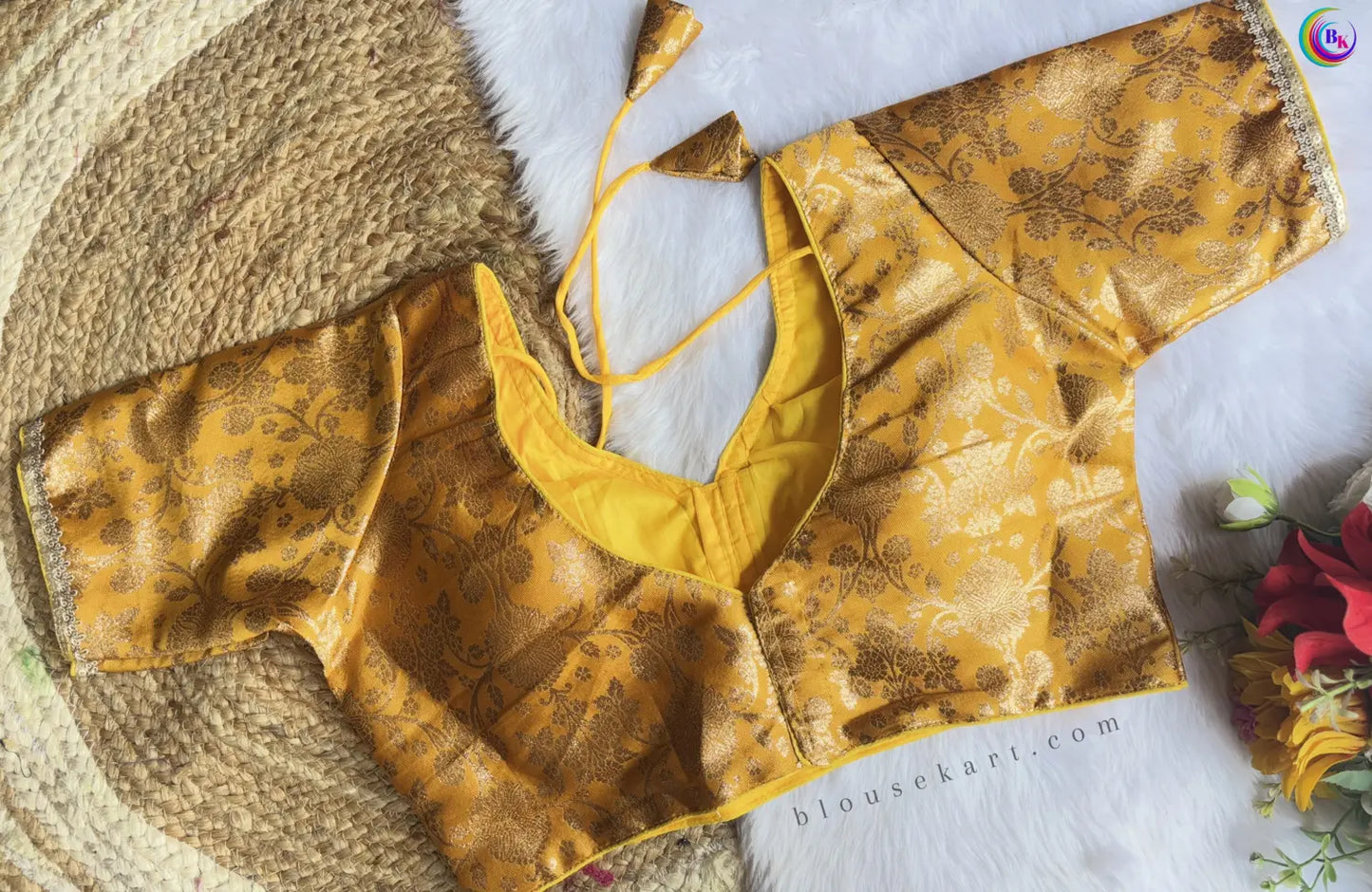 new pretty silk halter neck zari woven half sleeve women gold blouse for ocassion | 1685