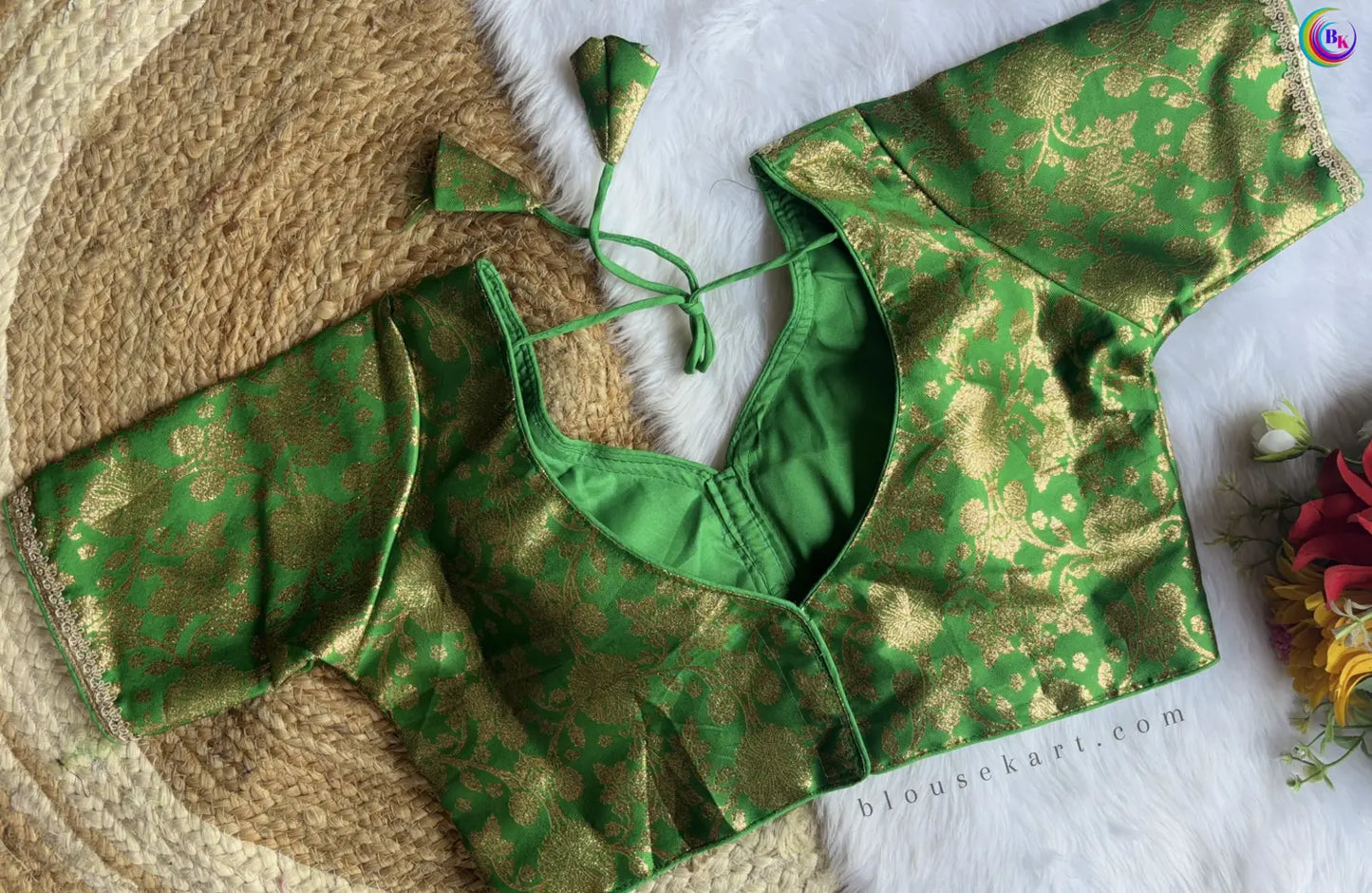 new pretty silk halter neck zari woven half sleeve women green blouse for ocassion | 1685