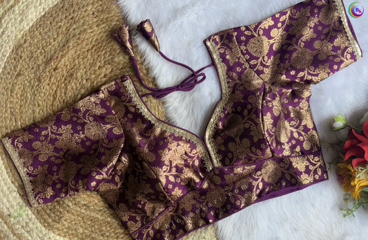 New Pretty Silk Halter Neck Zari Woven Half Sleeve Women Purple Blouse for Ocassion | 1685