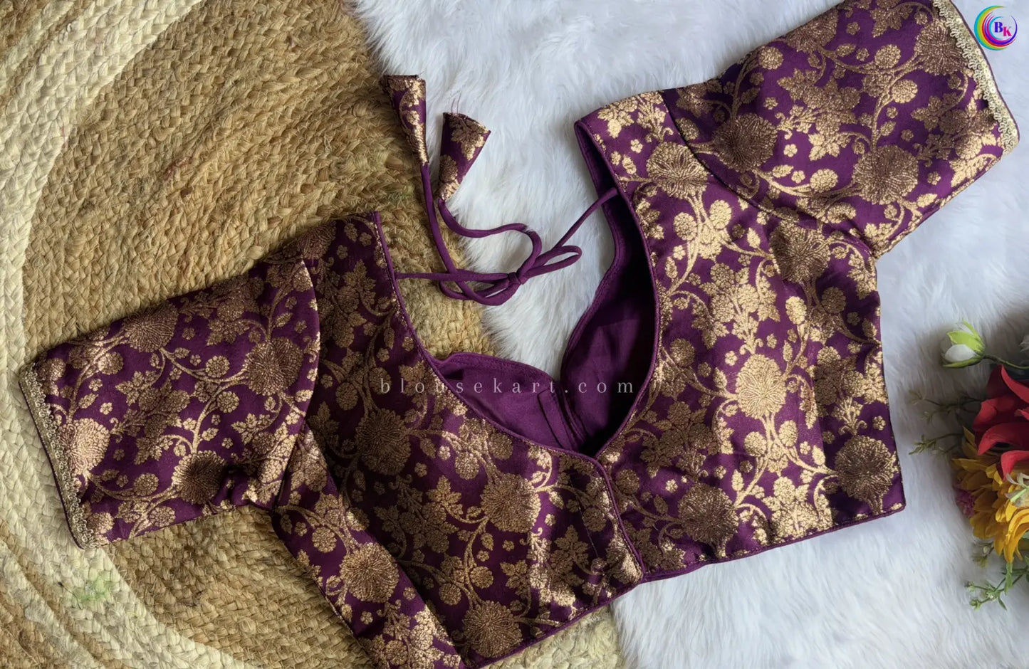 new pretty silk halter neck zari woven half sleeve women purple blouse for ocassion | 1685