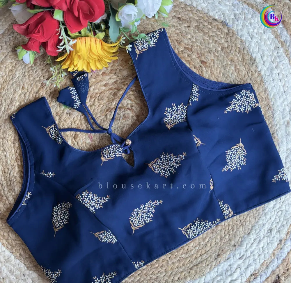 fresh georgette round neck sleeveless rabber printed women blouse for causal wear (navy blue)