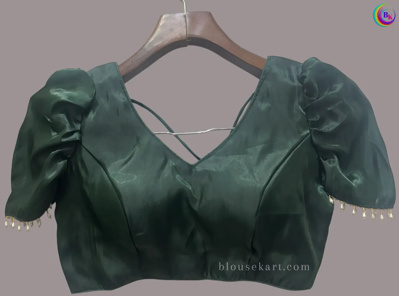 designer organza short puff sleeve square neck green blouse for festive | 1691