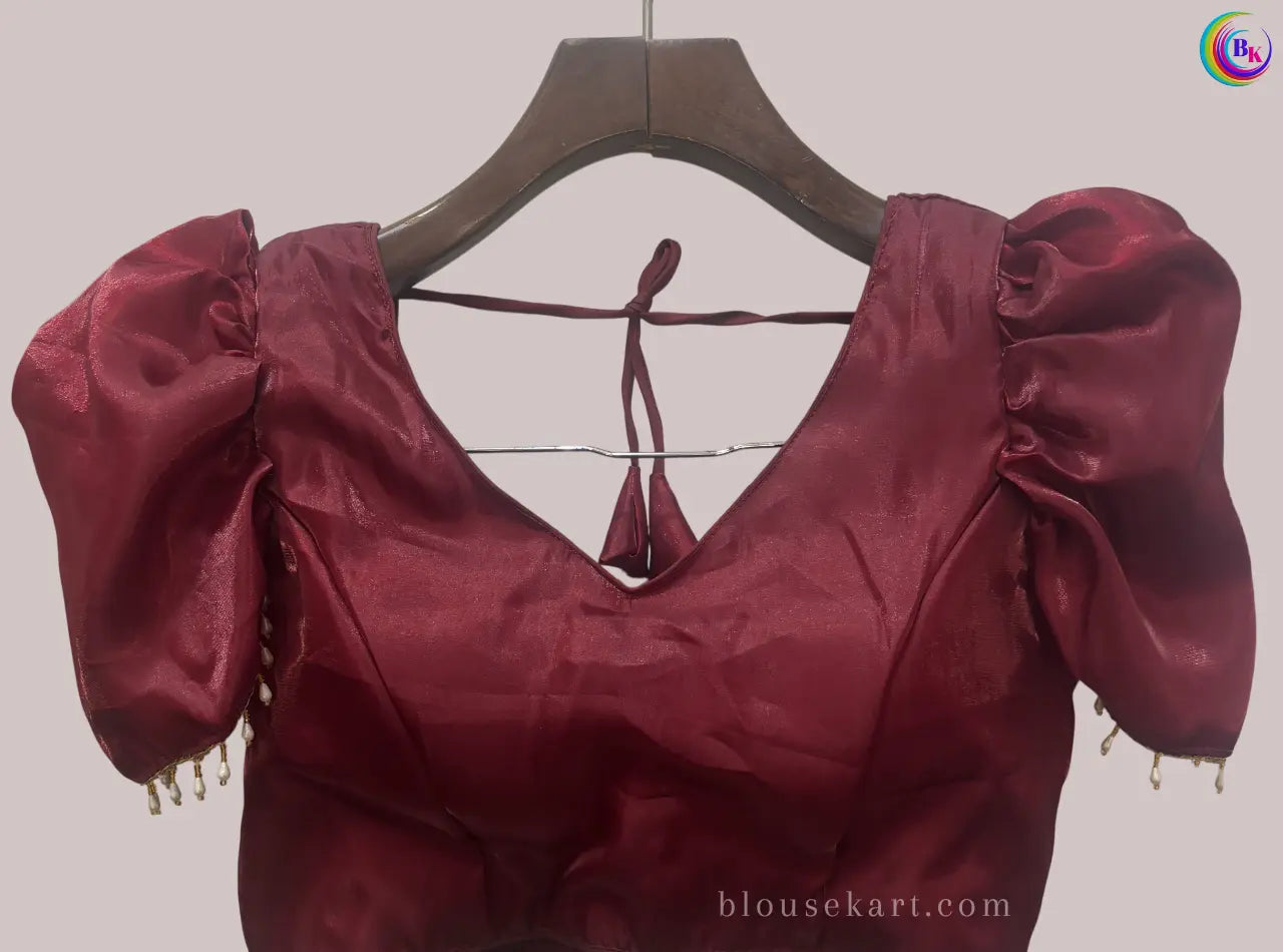 designer organza short puff sleeve square neck maroon blouse for festive | 1691