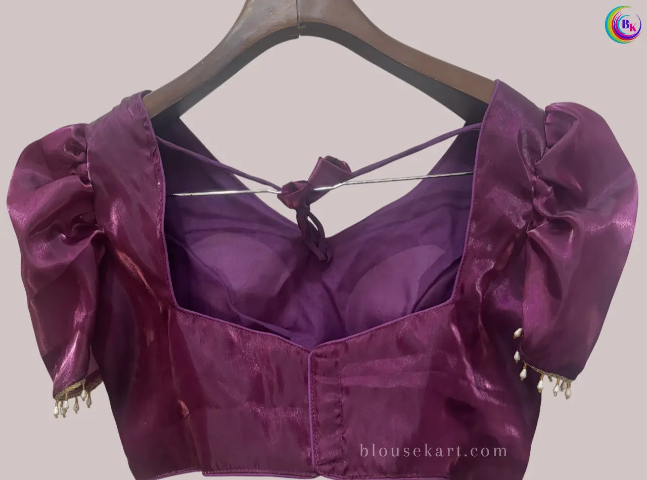 designer organza short puff sleeve square neck purple blouse for festive | 1691