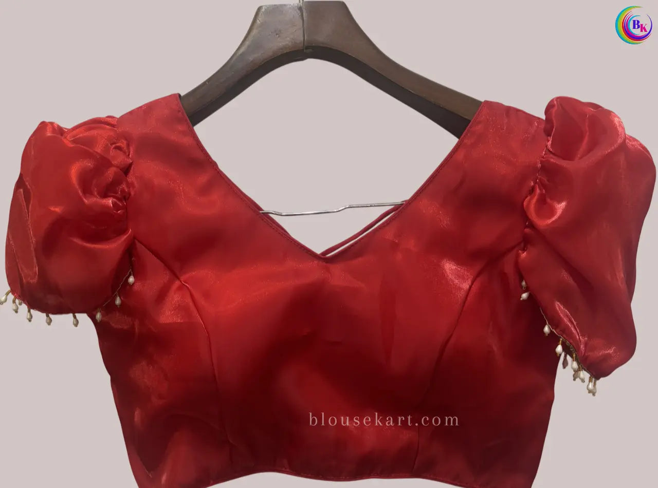 designer organza short puff sleeve square neck red blouse for festive | 1691