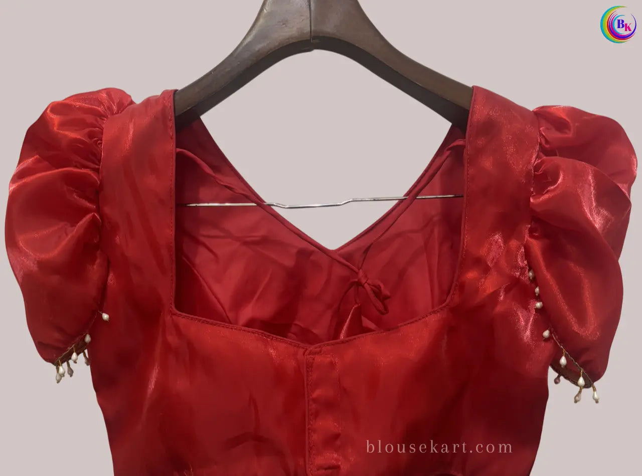 designer organza short puff sleeve square neck red blouse for festive | 1691