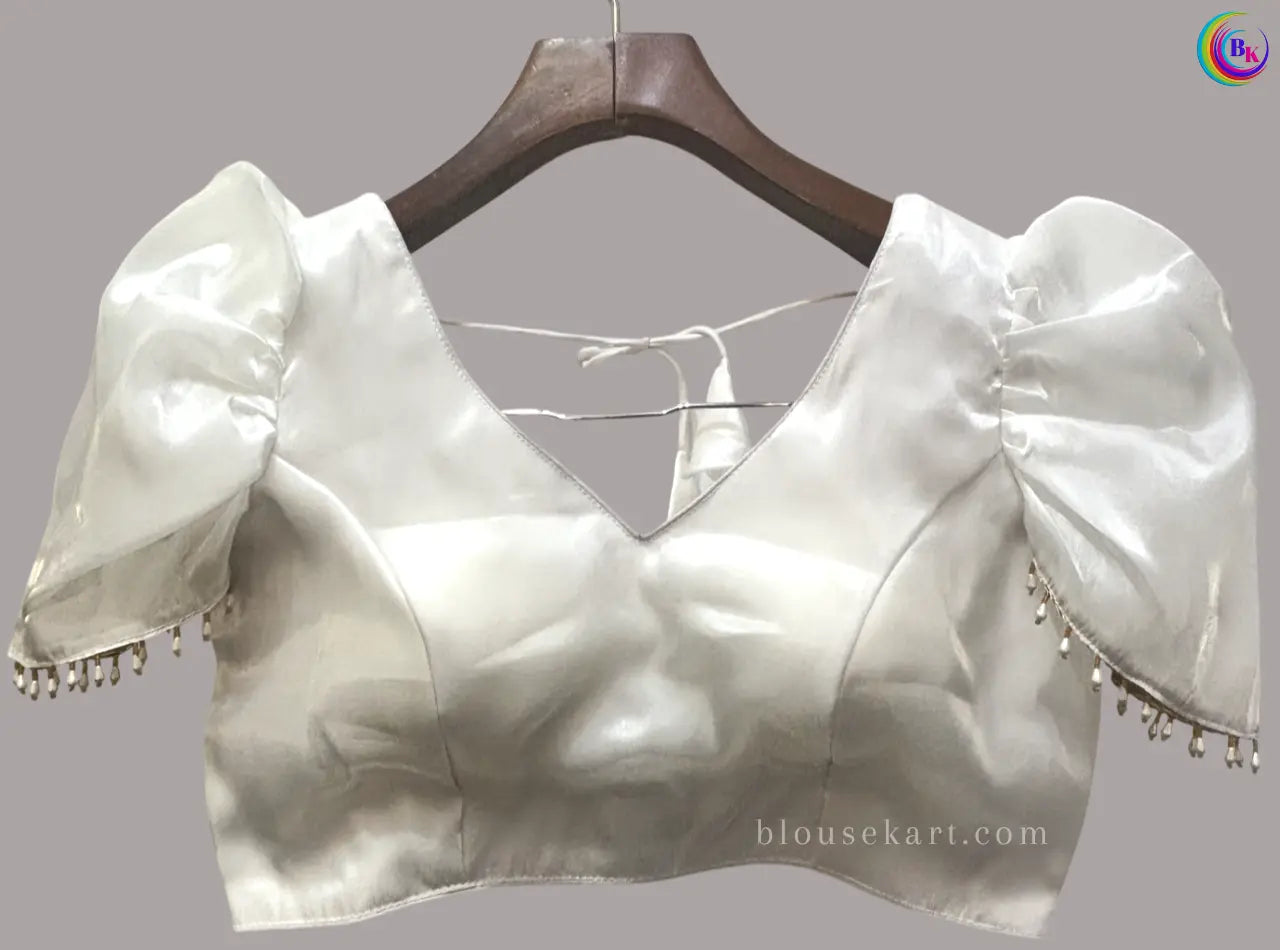 designer organza short puff sleeve square neck white blouse for festive | 1691
