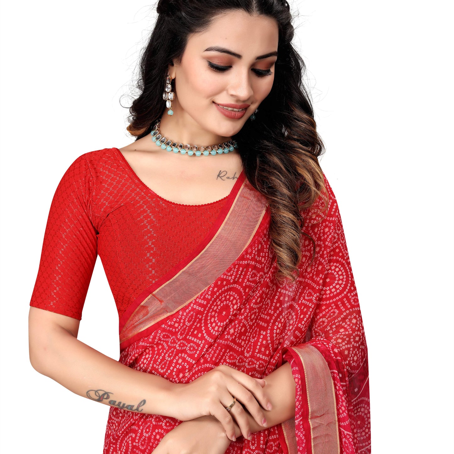 1551 new daily wear round neck printed checkered pull on short sleeve lycra blouse for women (red)