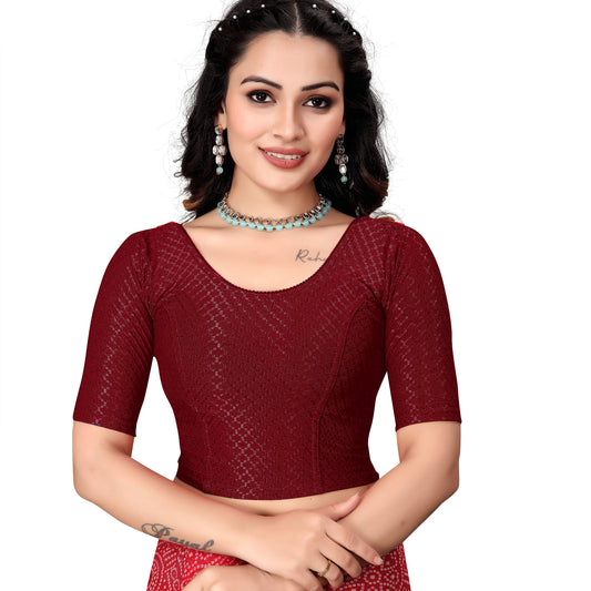 1551 New Daily Wear Round Neck Printed Checkered Pull On Short Sleeve Lycra Blouse for Women (Maroon)