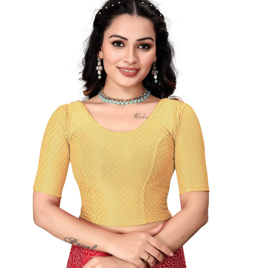 1551 New Daily Wear Round Neck Printed Checkered Pull On Short Sleeve Lycra Blouse for Women (Gold)