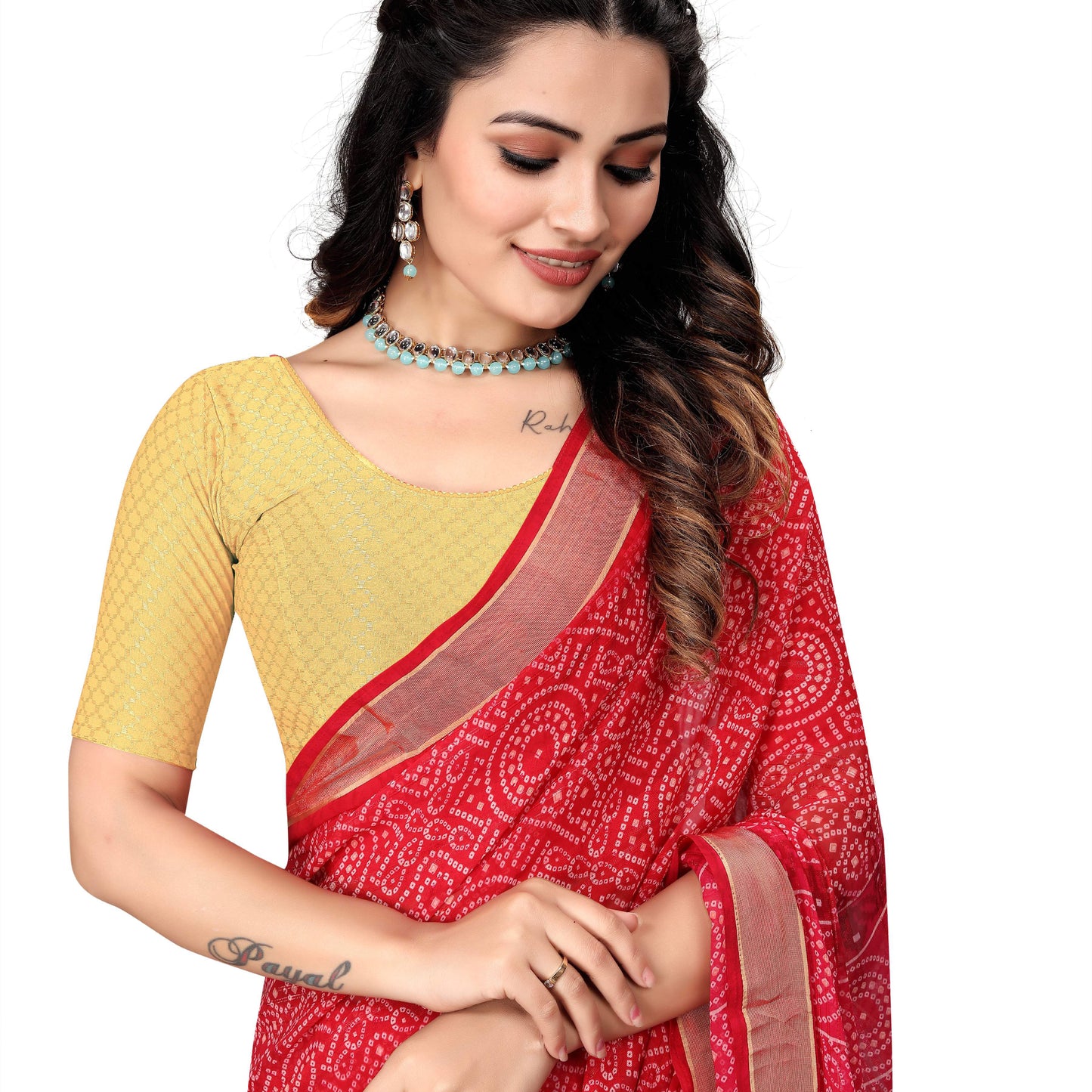 1551 new daily wear round neck printed checkered pull on short sleeve lycra blouse for women (gold)