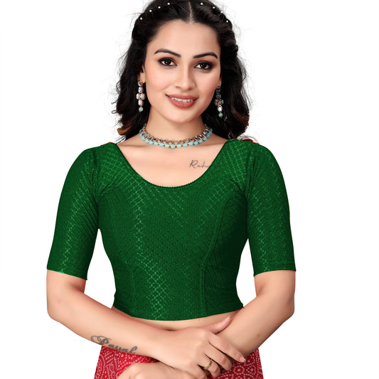 1551 New Daily Wear Round Neck Printed Checkered Pull On Short Sleeve Lycra Blouse for Women (Green)