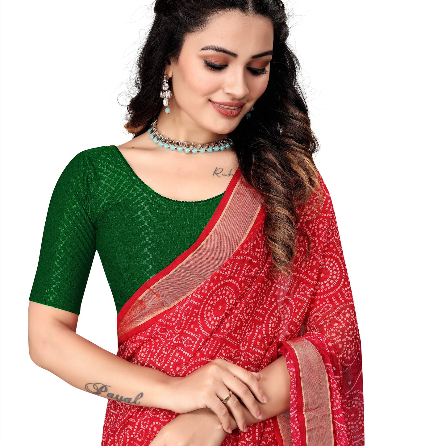 1551 new daily wear round neck printed checkered pull on short sleeve lycra blouse for women (green)