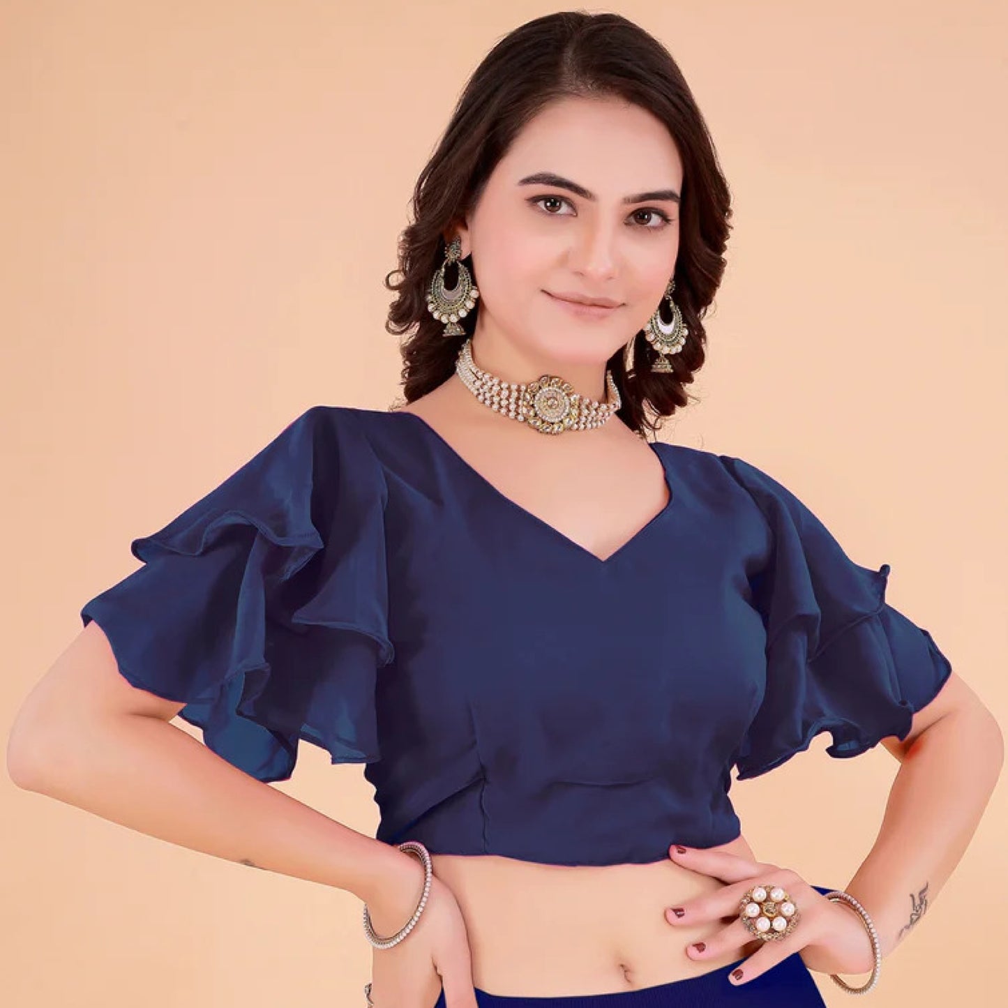 blouseakrt georgette solid round neck party blouse with padded cups & layered short sleeves