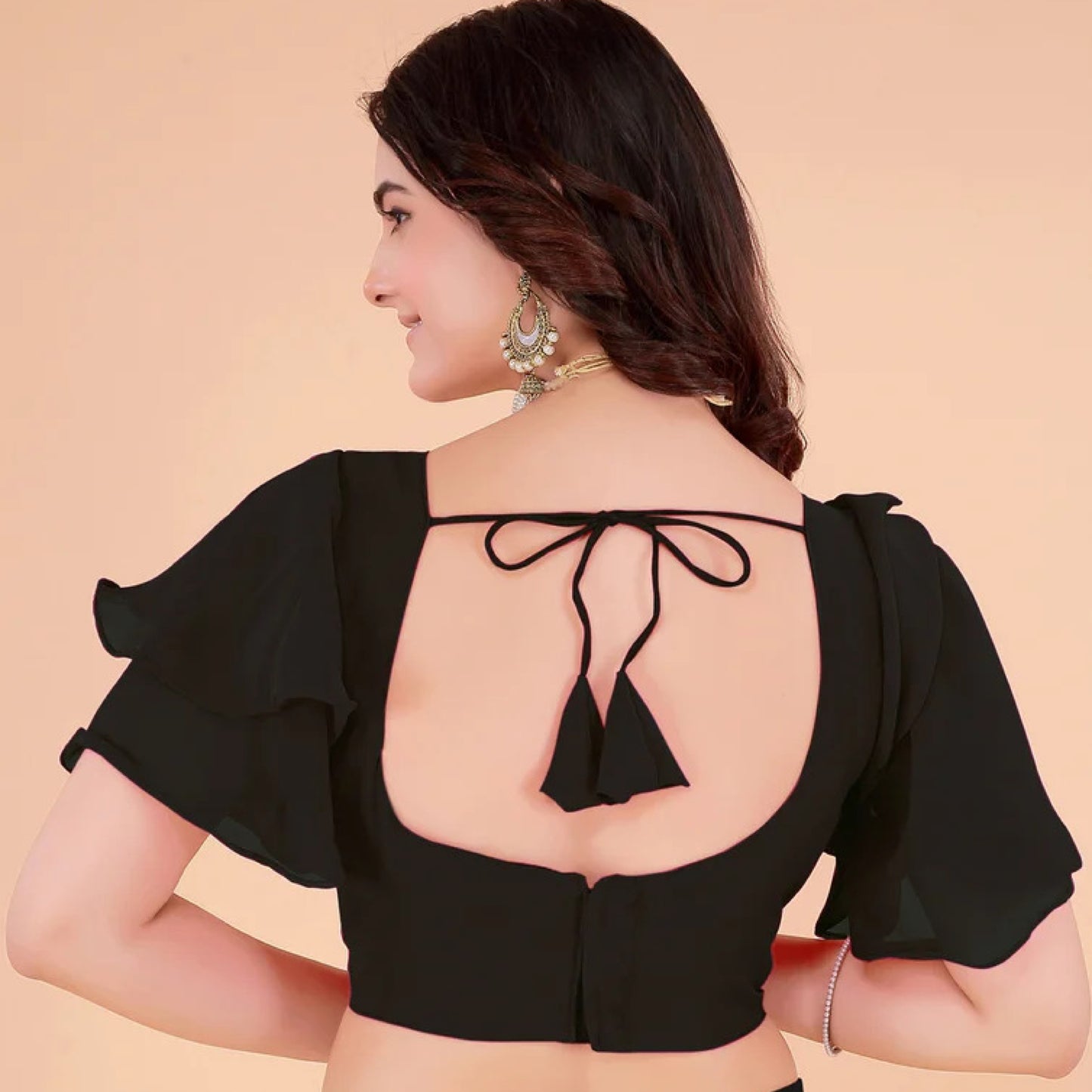 blouseakrt georgette solid round neck party blouse with padded cups & layered short sleeves